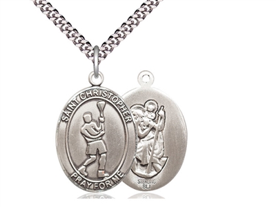 Sterling Silver St. Christopher/Lacrosse Pendant, Stainless Silver Heavy Curb Chain, Large Size Catholic Medal, 1" x 3/4"