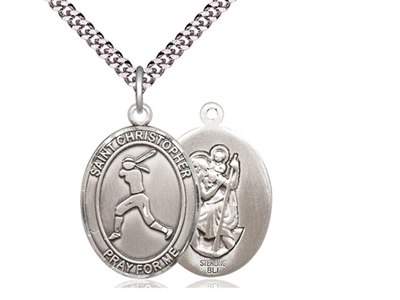 Sterling Silver St. Christopher/Softball Pendant, SN Heavy Curb Chain, Large Size Catholic Medal, 1" x 3/4"