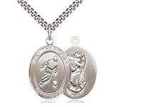 Sterling Silver St. Christopher soccer Pendant, Stainless Silver Heavy Curb Chain, Large Size Catholic Medal, 1" x 3/4"