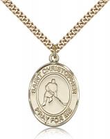 Gold Filled St. Christopher/Ice Hockey Pendant, SG Heavy Curb Chain, Large Size Catholic Medal, 1" x 3/4"