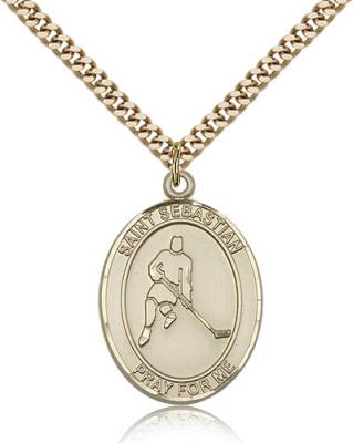 Gold Filled St. Sebastian/Ice Hockey Pendant, SG Heavy Curb Chain, Large Size Catholic Medal, 1" x 3/4"