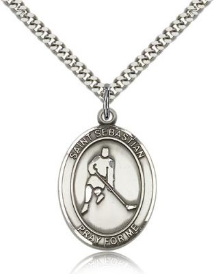 Sterling Silver St. Sebastian/Ice Hockey Pendant, SN Heavy Curb Chain, Large Size Catholic Medal, 1" x 3/4"