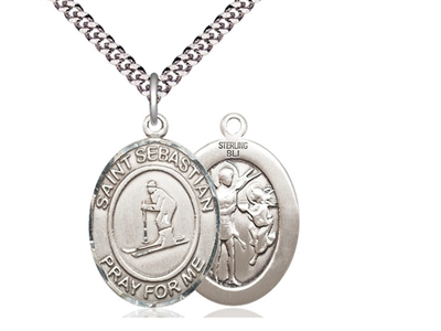 Sterling Silver St. Sebastian/Skiing Pendant, SN Heavy Curb Chain, Large Size Catholic Medal, 1" x 3/4"