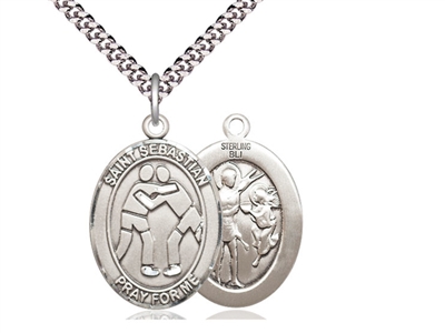 Sterling Silver St. Sebastian Pendant, Stainless Silver Heavy Curb Chain, Large Size Catholic Medal, 1" x 3/4"