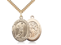 Gold Filled St. Sebastian/Lacrosse Pendant, SG Heavy Curb Chain, Large Size Catholic Medal, 1" x 3/4"