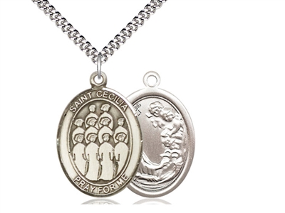 Sterling Silver St. Cecilia / Choir Pendant, SN Heavy Curb Chain, Large Size Catholic Medal, 1" x 3/4"