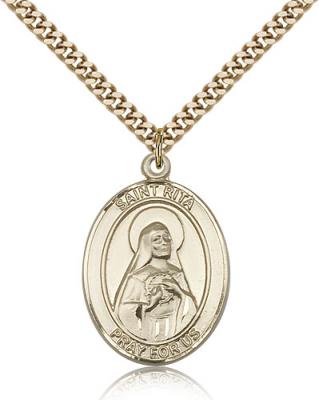 Gold Filled St. Rita / Baseball Pendant, SG Heavy Curb Chain, Large Size Catholic Medal, 1" x 3/4"