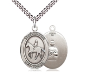 Sterling Silver St. Kateri / Equestrian Pendant, SN Heavy Curb Chain, Large Size Catholic Medal, 1" x 3/4"