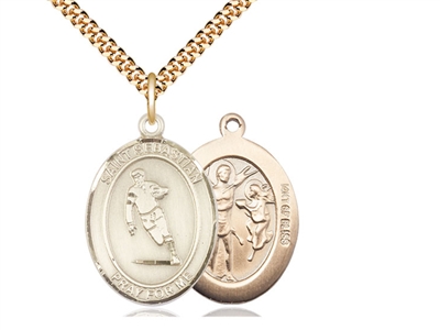 Gold Filled St. Sebastian / Rugby Pendant, SG Heavy Curb Chain, Large Size Catholic Medal, 1" x 3/4"