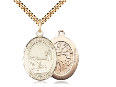 Gold Filled St. Sebastian / Fishing Pendant, SG Heavy Curb Chain, Large Size Catholic Medal, 1" x 3/4"