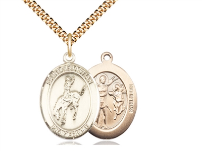 Gold Filled St. Sebastian / Rodeo Pendant, SG Heavy Curb Chain, Large Size Catholic Medal, 1" x 3/4"