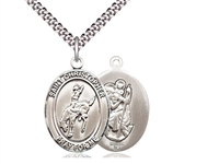 Sterling Silver St. Sebastian / Rodeo Pendant, Stainless Silver Heavy Curb Chain, Large Size Catholic Medal, 1" x 3/4"