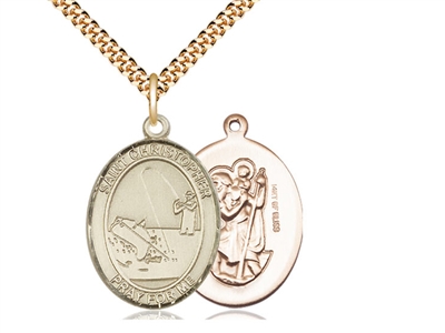 Gold Filled St. Christopher Pendant, Stainless Gold Heavy Curb Chain, Large Size Catholic Medal, 1" x 3/4"