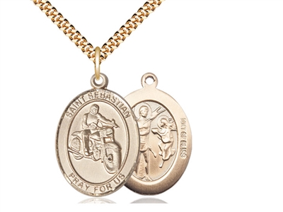 Gold Filled St. Sebastian / Motorcycle Pendant, SG Heavy Curb Chain, Large Size Catholic Medal, 1" x 3/4"