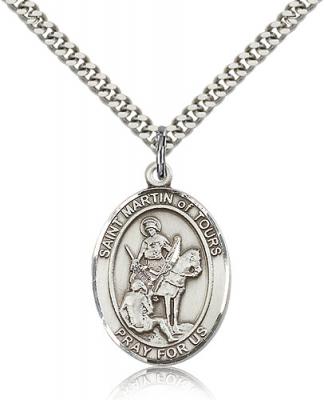 Sterling Silver St. Martin of Tours Pendant, Stainless Silver Heavy Curb Chain, Large Size Catholic Medal, 1" x 3/4"