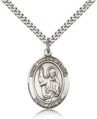 Sterling Silver St. Vincent Ferrer Pendant, Stainless Silver Heavy Curb Chain, Large Size Catholic Medal, 1" x 3/4"