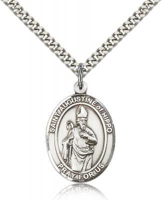 Sterling Silver St. Augustine of Hippo Pendant, Stainless Silver Heavy Curb Chain, Large Size Catholic Medal, 1" x 3/4"