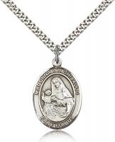 Sterling Silver St. Madonna Del Ghisallo Pendant, Stainless Silver Heavy Curb Chain, Large Size Catholic Medal, 1" x 3/4"