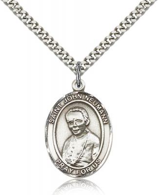 Sterling Silver St. John Neumann Pendant, Stainless Silver Heavy Curb Chain, Large Size Catholic Medal, 1" x 3/4"