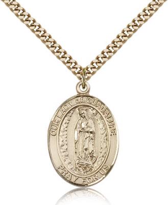 Gold Filled Our Lady of Guadalupe Pendant, Stainless Gold Heavy Curb Chain, Large Size Catholic Medal, 1" x 3/4"