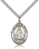 Sterling Silver Infant of Prague Pendant, Stainless Silver Heavy Curb Chain, Large Size Catholic Medal, 1" x 3/4"