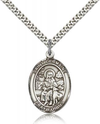 Sterling Silver St. Germaine Cousin Pendant, Stainless Silver Heavy Curb Chain, Large Size Catholic Medal, 1" x 3/4"
