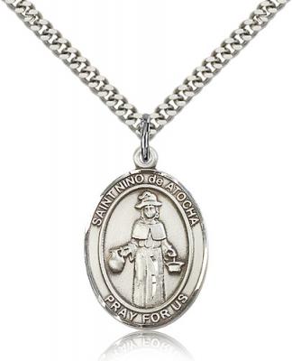 Sterling Silver El Nino De Atocha Pendant, Stainless Silver Heavy Curb Chain, Large Size Catholic Medal, 1" x 3/4"