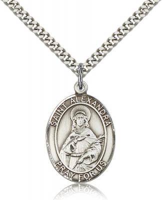 Sterling Silver St. Alexandra Pendant, Stainless Silver Heavy Curb Chain, Large Size Catholic Medal, 1" x 3/4"