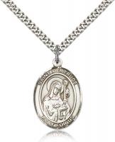 Sterling Silver St. Gertrude of Nivelles Pendant, Stainless Silver Heavy Curb Chain, Large Size Catholic Medal, 1" x 3/4"