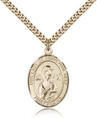 Gold Filled Our Lady of Perpetual Help Pendant, Stainless Gold Heavy Curb Chain, Large Size Catholic Medal, 1" x 3/4"