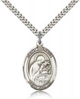 Sterling Silver St. Aloysius Gonzaga Pendant, Stainless Silver Heavy Curb Chain, Large Size Catholic Medal, 1" x 3/4"