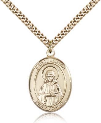 Gold Filled St. Lillian Pendant, Stainless Gold Heavy Curb Chain, Large Size Catholic Medal, 1" x 3/4"