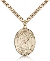 Gold Filled St. Dominic Savio Pendant, Stainless Gold Heavy Curb Chain, Large Size Catholic Medal, 1" x 3/4"