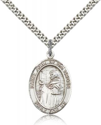 Sterling Silver St. John of the Cross Pendant, Stainless Silver Heavy Curb Chain, Large Size Catholic Medal, 1" x 3/4"