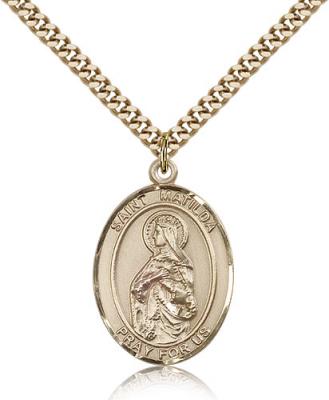 Gold Filled St. Matilda Pendant, Stainless Gold Heavy Curb Chain, Large Size Catholic Medal, 1" x 3/4"
