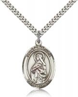 Sterling Silver St. Matilda Pendant, Stainless Silver Heavy Curb Chain, Large Size Catholic Medal, 1" x 3/4"