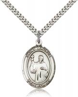 Sterling Silver St. Maurus Pendant, Stainless Silver Heavy Curb Chain, Large Size Catholic Medal, 1" x 3/4"