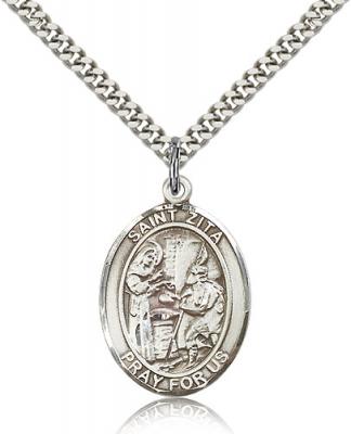 Sterling Silver St. Zita Pendant, Stainless Silver Heavy Curb Chain, Large Size Catholic Medal, 1" x 3/4"