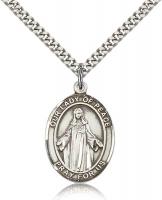 Sterling Silver Our Lady of Peace Pendant, Stainless Silver Heavy Curb Chain, Large Size Catholic Medal, 1" x 3/4"