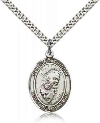 Sterling Silver Blessed Trinity Pendant, Stainless Silver Heavy Curb Chain, Large Size Catholic Medal, 1" x 3/4"