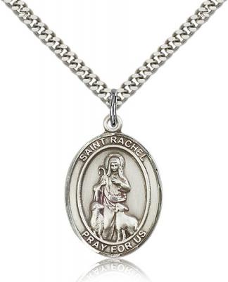 Sterling Silver St. Rachel Pendant, Stainless Silver Heavy Curb Chain, Large Size Catholic Medal, 1" x 3/4"