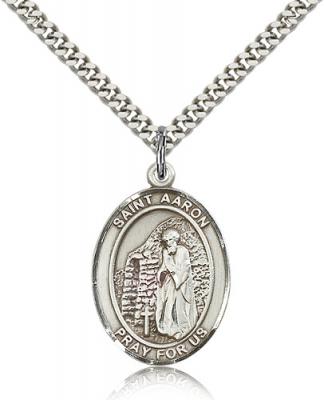 Sterling Silver St. Aaron Pendant, Stainless Silver Heavy Curb Chain, Large Size Catholic Medal, 1" x 3/4"