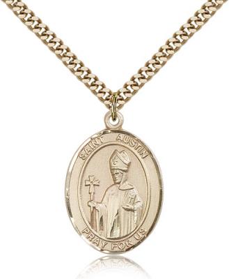 Gold Filled St. Austin Pendant, Stainless Gold Heavy Curb Chain, Large Size Catholic Medal, 1" x 3/4"