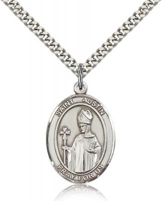Sterling Silver St. Austin Pendant, Stainless Silver Heavy Curb Chain, Large Size Catholic Medal, 1" x 3/4"