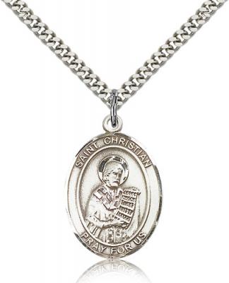 Sterling Silver St. Christian Demosthenes Pendant, Stainless Silver Heavy Curb Chain, Large Size Catholic Medal, 1" x 3/4"
