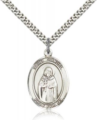 Sterling Silver St. Samuel Pendant, Stainless Silver Heavy Curb Chain, Large Size Catholic Medal, 1" x 3/4"