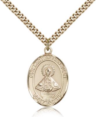Gold Filled Our Lady of San Juan Pendant, Stainless Gold Heavy Curb Chain, Large Size Catholic Medal, 1" x 3/4"