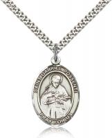 Sterling Silver St. Gabriel Possenti Pendant, Stainless Silver Heavy Curb Chain, Large Size Catholic Medal, 1" x 3/4"