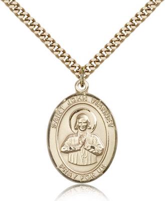 Gold Filled St. John Vianney Pendant, Stainless Gold Heavy Curb Chain, Large Size Catholic Medal, 1" x 3/4"