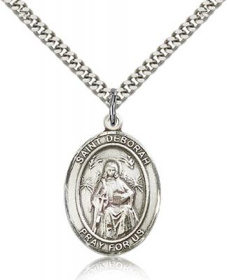Sterling Silver St. Deborah Pendant, Stainless Silver Heavy Curb Chain, Large Size Catholic Medal, 1" x 3/4"